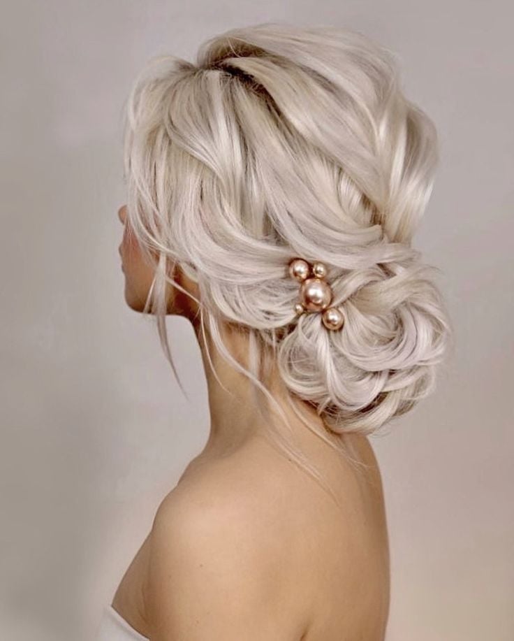 Platinum Blonde Messy Bun with Pearl Beads — Classy Messy Bun Updo
