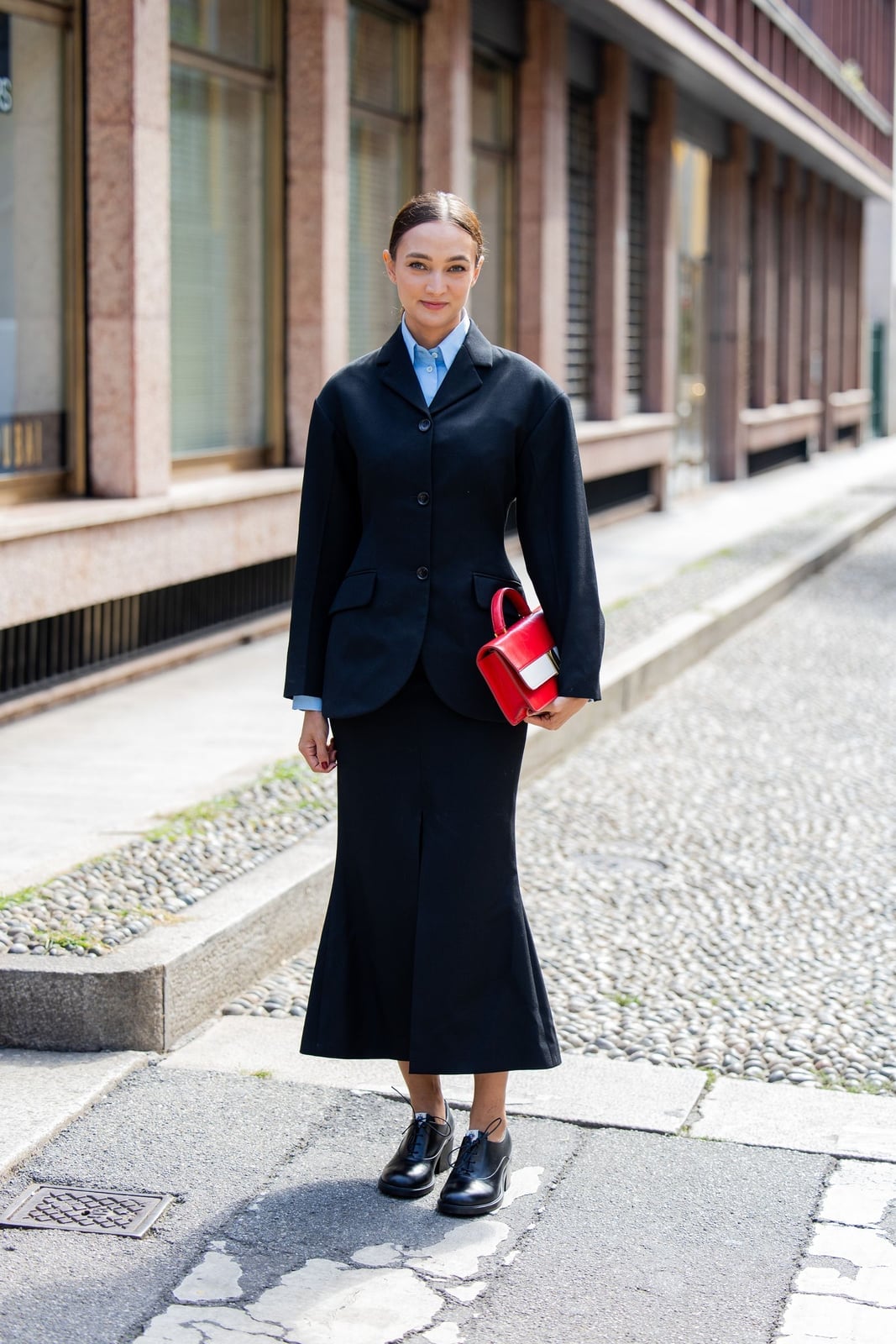 Light Blue Shirt with Black Blazer and Flared Skirt Light Blue Shirt with Black Blazer and Flared Skirt — Classy Minimalist Outfits