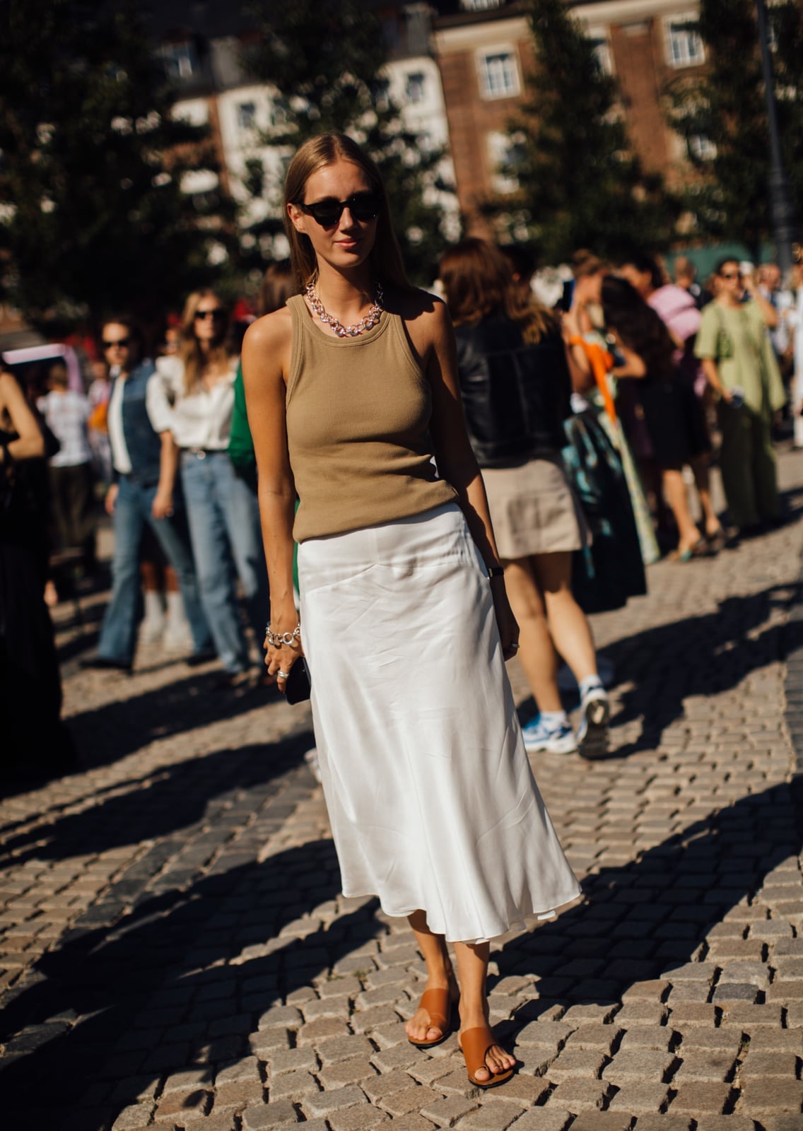 Tan Tank Top with White Satin Skirt Tan Tank Top with White Satin Skirt — Classy Minimalist Outfits