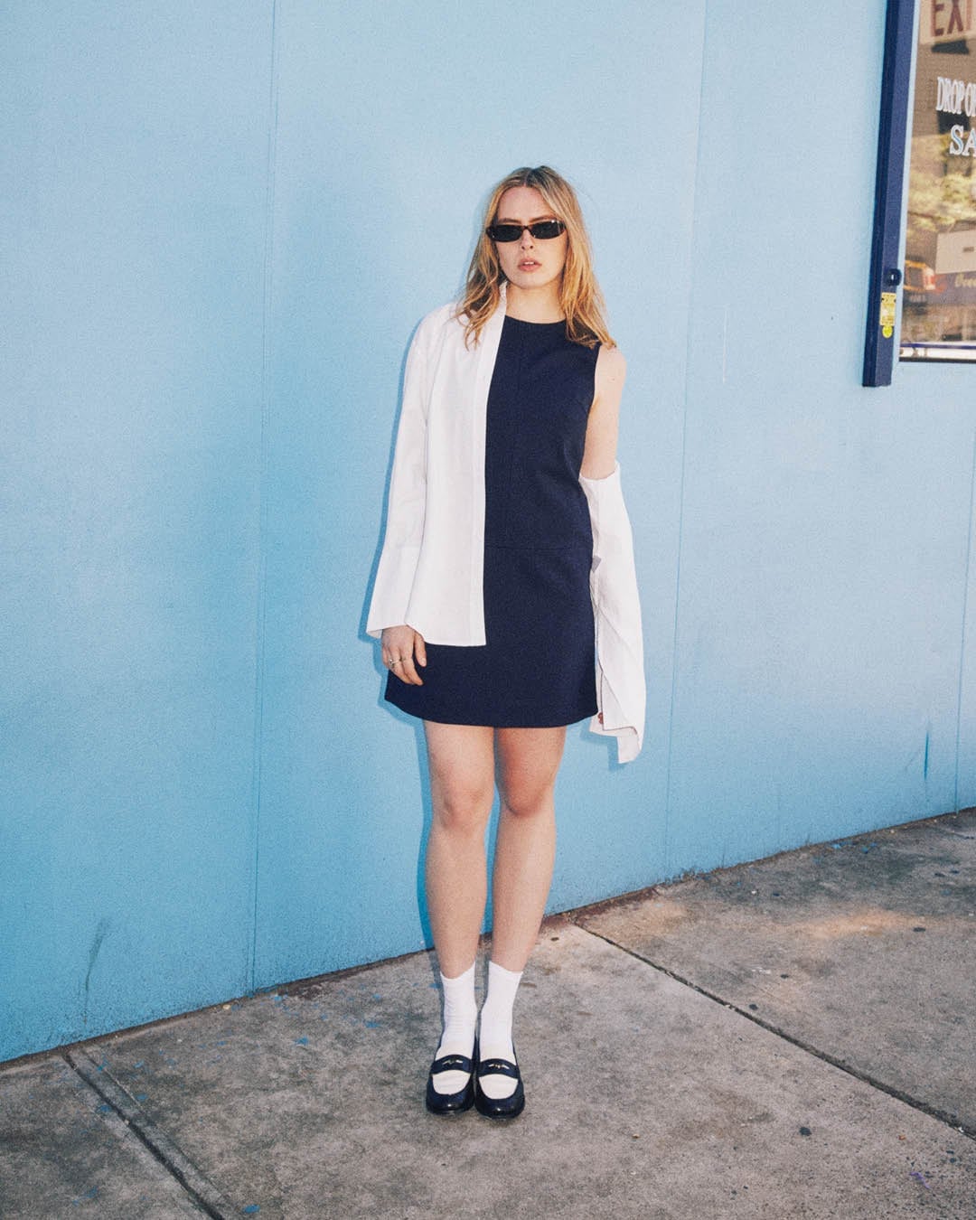 Navy Shift Dress with Draped White Shirt Navy Shift Dress with Draped White Shirt — Classy Minimalist Outfits