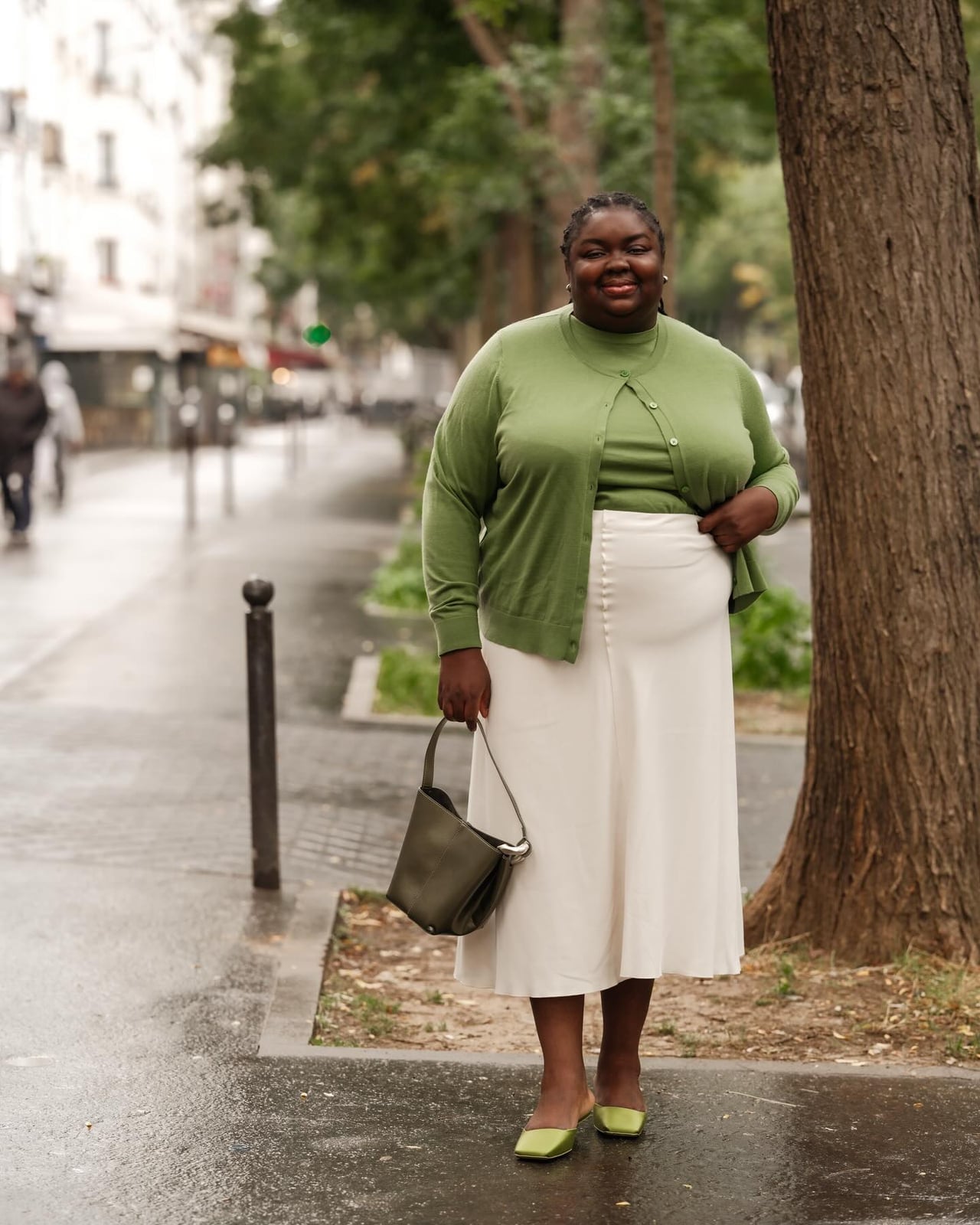 Lime Green Knitwear with Off-White Skirt Lime Green Knitwear with Off-White Skirt — Classy Minimalist Outfits
