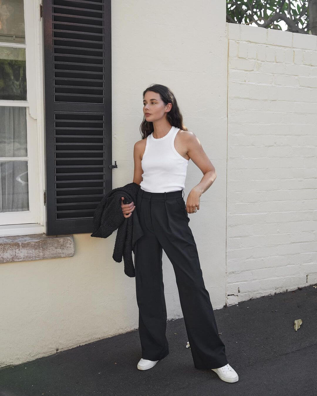 White Ribbed Tank with Black Wide-Leg Trousers, And Dark Tones White Ribbed Tank with Black Wide-Leg Trousers, And Dark Tones — Classy Minimalist Outfits