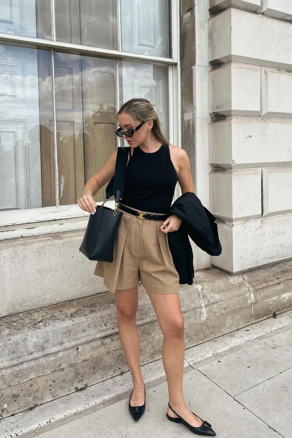 Black Tank Top with Camel Tailored Shorts Black Tank Top with Camel Tailored Shorts — Classy Minimalist Outfits