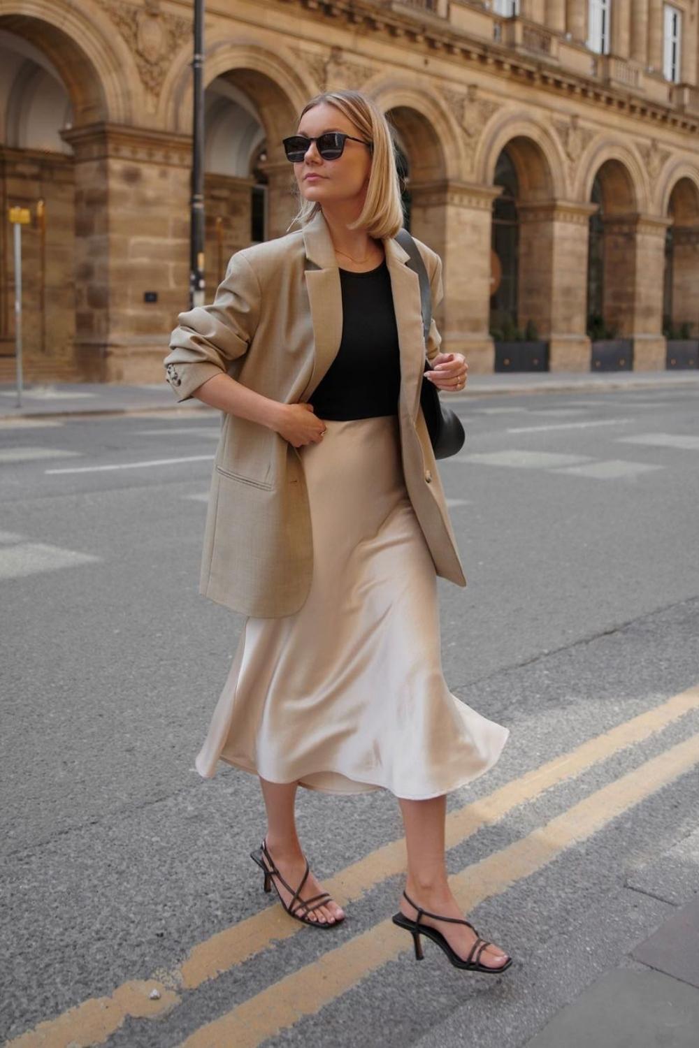 Beige Blazer with Satin Slip Skirt Beige Blazer with Satin Slip Skirt — Classy Minimalist Outfits
