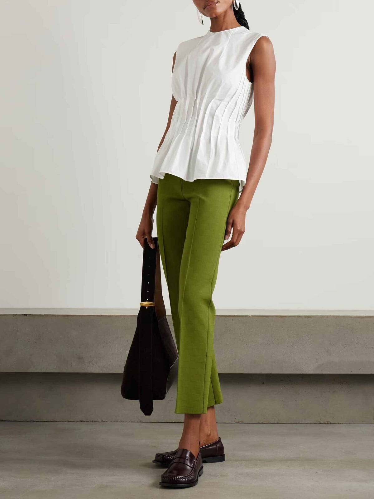 White Peplum Top with Green Trousers White Peplum Top with Green Trousers — Classy Minimalist Outfits