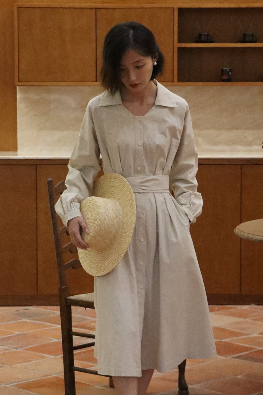 Neutral Beige Midi Dress with Tie Belt Neutral Beige Midi Dress with Tie Belt — Classy Minimalist Outfits
