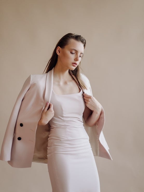 Pale Pink Fitted Dress with Draped Blazer Pale Pink Fitted Dress with Draped Blazer — Classy Minimalist Outfits