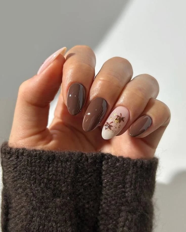 Dark Brown Nails With Nude White Gold Leaf Accent — Classy Mocha Nails