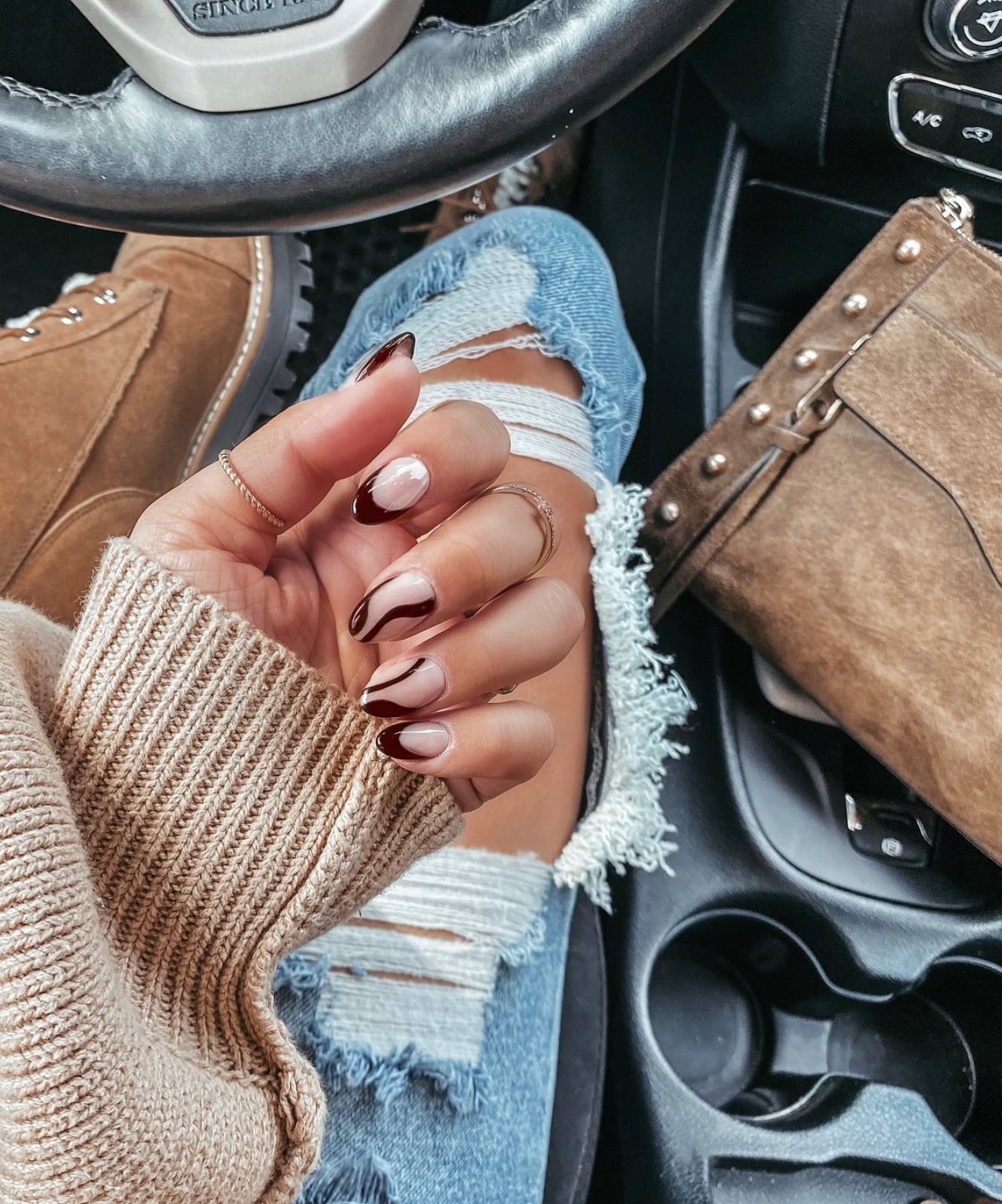 Abstract Swirls And French Tips In Brown Tones — Classy Mocha Nails