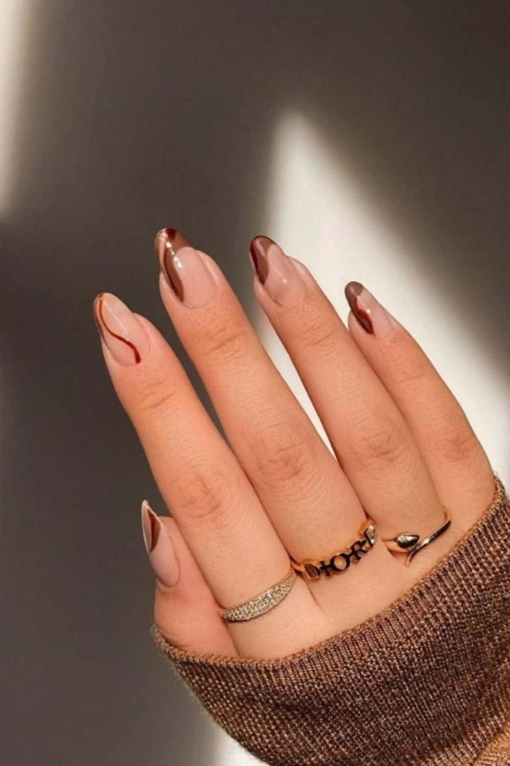 Abstract Brown French Tips Medium Almond Nails — Classy Mocha Nails
