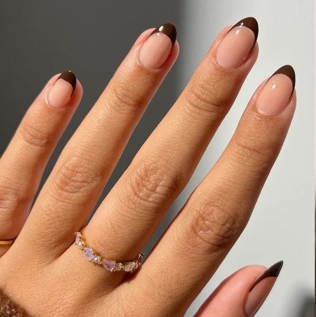 Sheer Nude Almond Nails With Deep Brown French Tips — Classy Mocha Nails