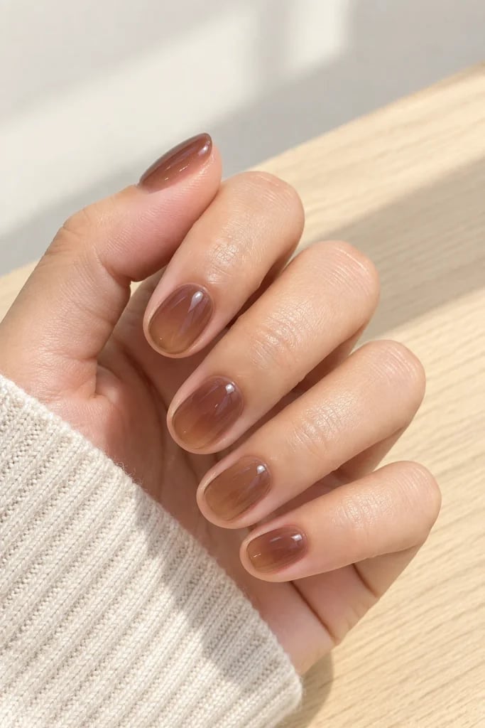 Glossy Dark Brown Medium Oval Nails — Classy Mocha Nails