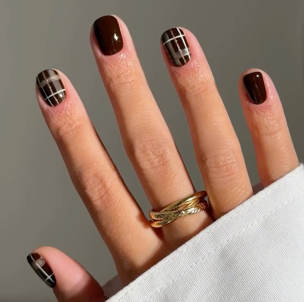 Deep Brown Short Oval Nails With White Plaid — Classy Mocha Nails