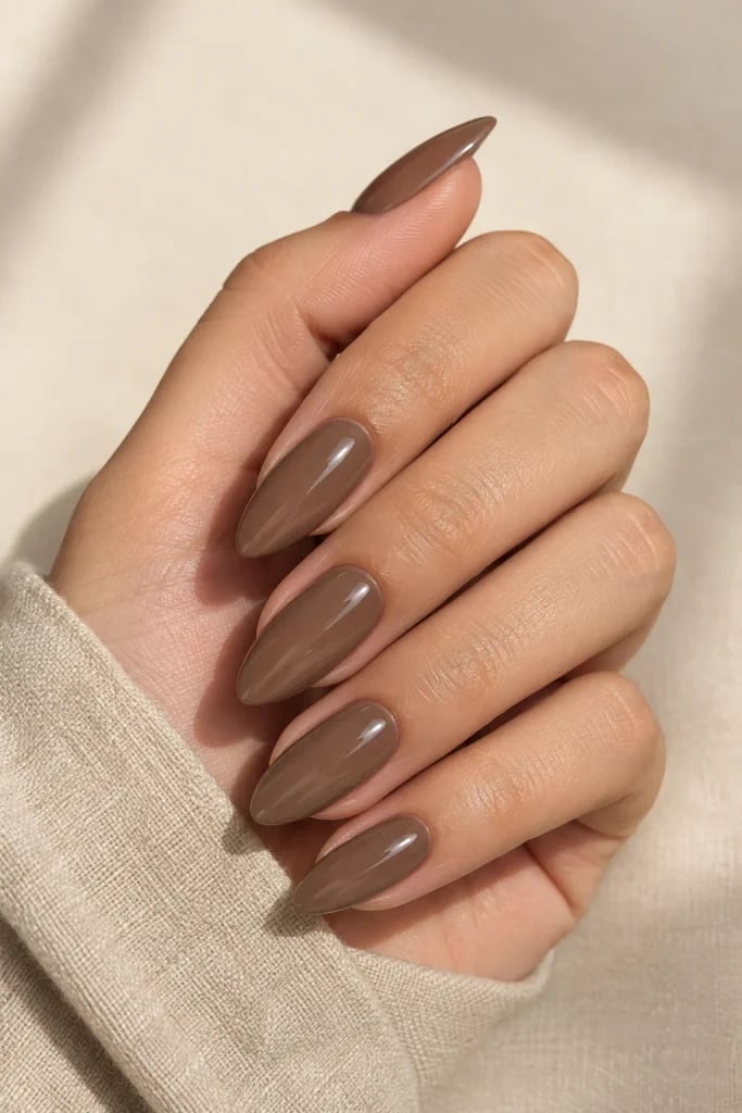 Warm Medium Brown Pointed Almond Nails — Classy Mocha Nails