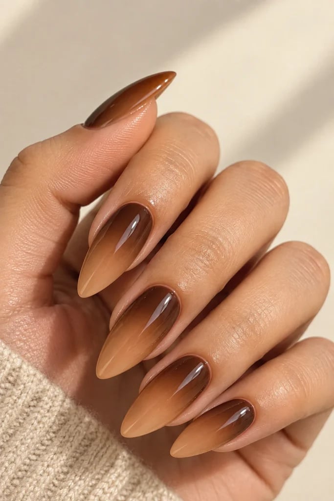 Rich Mocha Brown Short Almond Nails With Shimmer — Classy Mocha Nails
