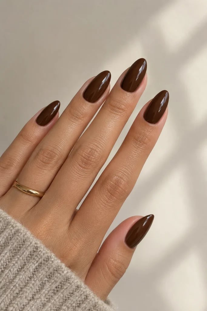 Rich Chocolate Brown Medium Almond Nails — Classy Mocha Nails
