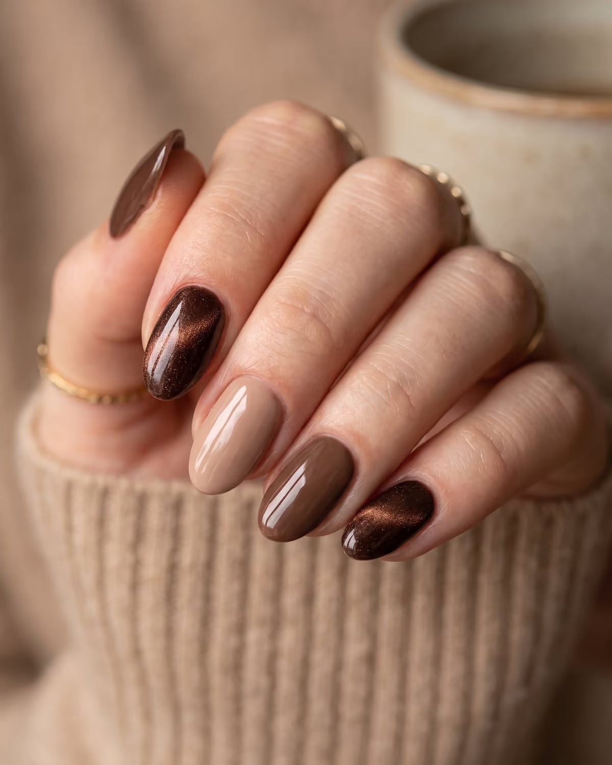 Mixed Finish Short Oval Nails With Cat-Eye, Close-Up Take — Classy Mocha Nails
