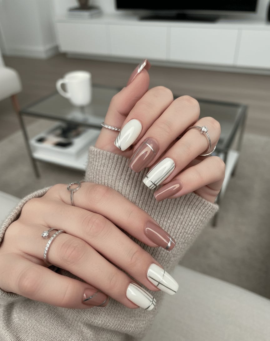 Ivory And Mocha Short Square Nails With Silver Lines — Classy Mocha Nails