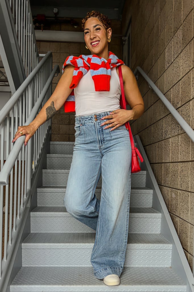 Striped Sweater Draped Over Wide Leg Jeans Striped Sweater Draped Over Wide Leg Jeans — Classy Mom Jeans Outfits