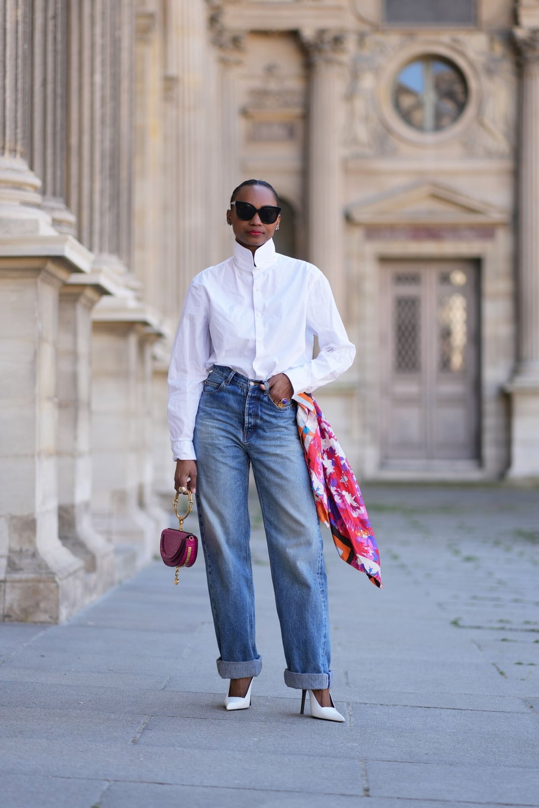 Wide Leg Jeans With Scarf Accent Wide Leg Jeans With Scarf Accent — Classy Mom Jeans Outfits