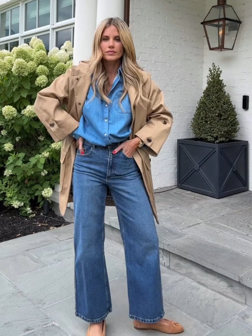 Denim Shirt And Trench Coat With Wide Leg Jeans Denim Shirt And Trench Coat With Wide Leg Jeans — Classy Mom Jeans Outfits