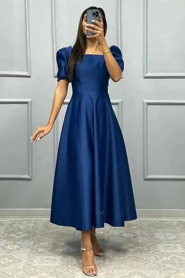 Deep Blue A-line Midi Dress with Square Neckline Deep Blue A-line Midi Dress with Square Neckline — Classy Necklines Dress