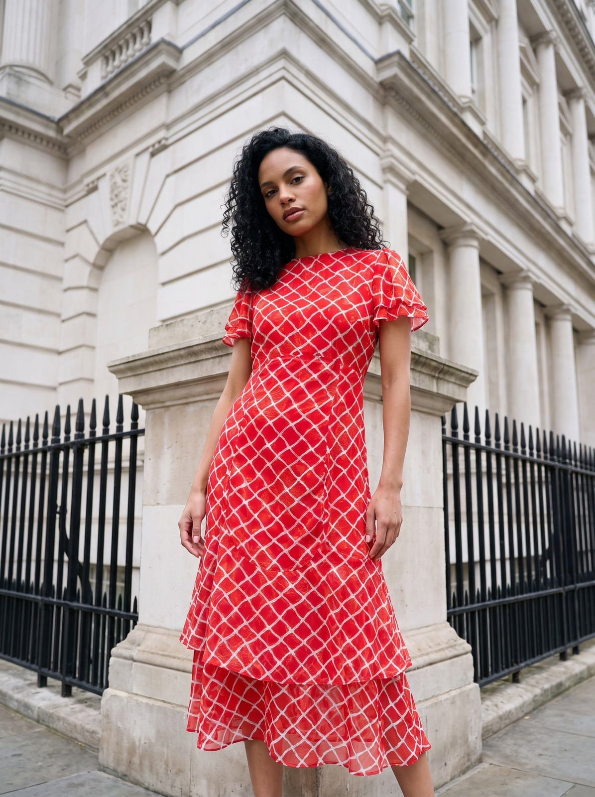 Red and White Burnout Pattern Midi Dress Red and White Burnout Pattern Midi Dress — Classy Necklines Dress