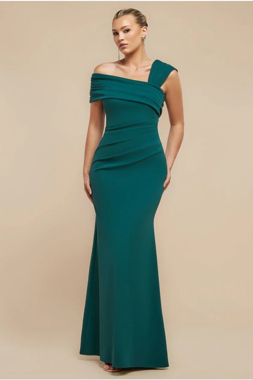 Deep Teal Crepe Gown with Asymmetrical Neckline Deep Teal Crepe Gown with Asymmetrical Neckline — Classy Necklines Dress