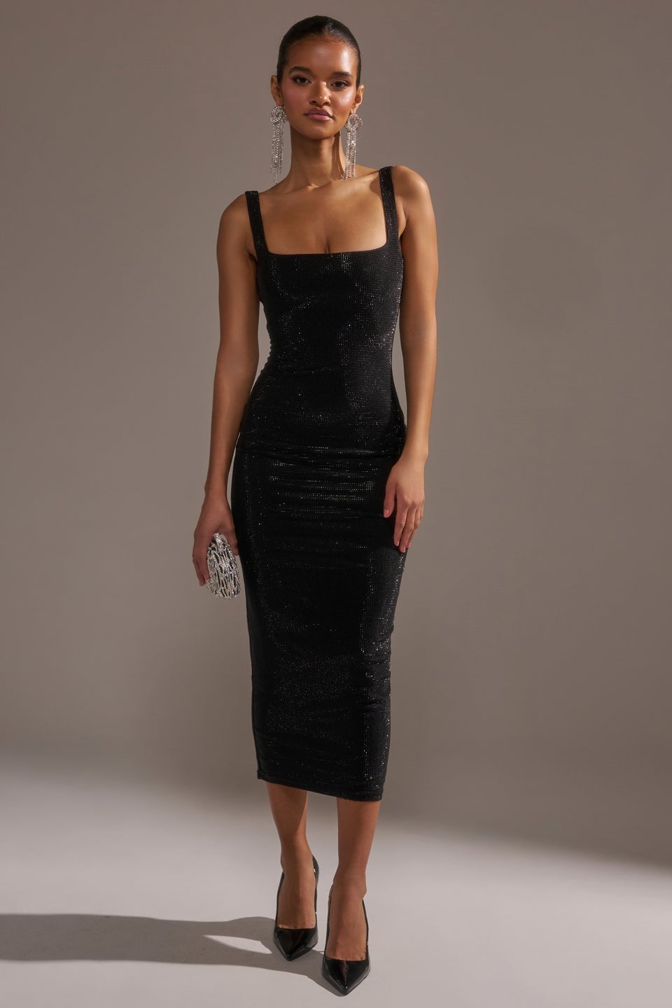 Black Rhinestone Embellished Midi Dress Black Rhinestone Embellished Midi Dress — Classy Necklines Dress