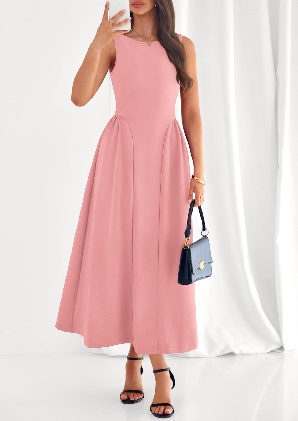 Solid Pink Textured Midi Dress with Pleated Skirt Solid Pink Textured Midi Dress with Pleated Skirt — Classy Necklines Dress