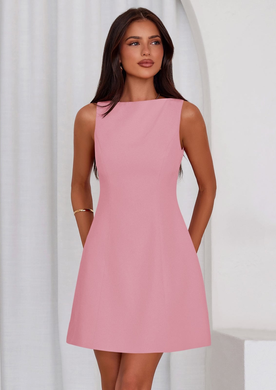 Light Pink A-line Mini Dress with Boat Neckline Light Pink A-line Mini Dress with Boat Neckline — Classy Necklines Dress