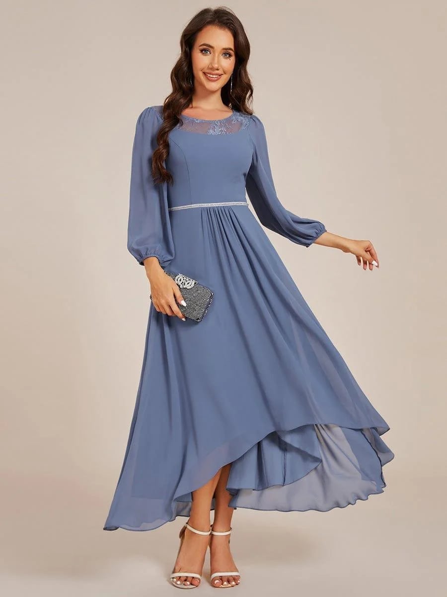 Blue Chiffon A-line Dress with High-Low Hem Blue Chiffon A-line Dress with High-Low Hem — Classy Necklines Dress