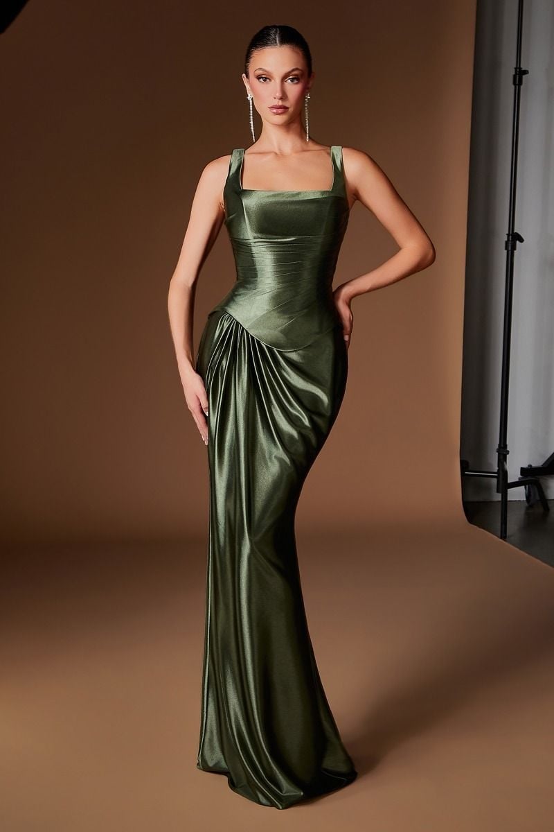 Olive Green Satin Fitted Dress with Dramatic Ruching Olive Green Satin Fitted Dress with Dramatic Ruching — Classy Necklines Dress