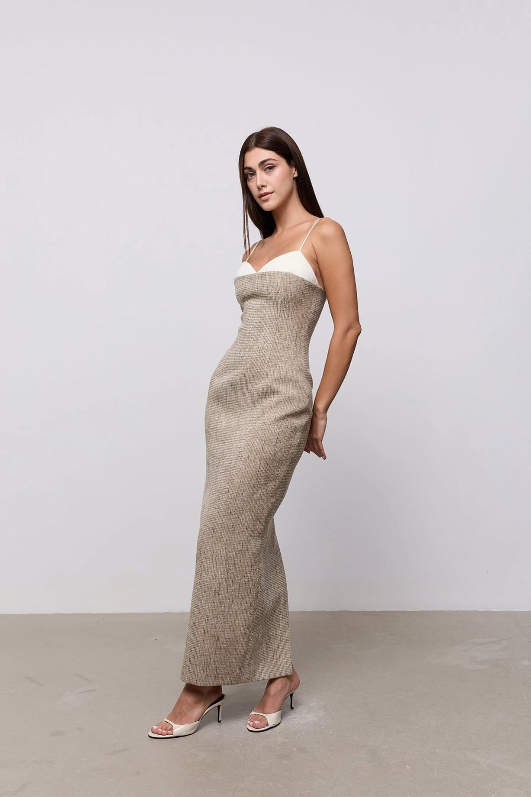 Fitted Midi Dress with Sweetheart Neckline and Tweed Skirt Fitted Midi Dress with Sweetheart Neckline and Tweed Skirt — Classy Necklines Dress
