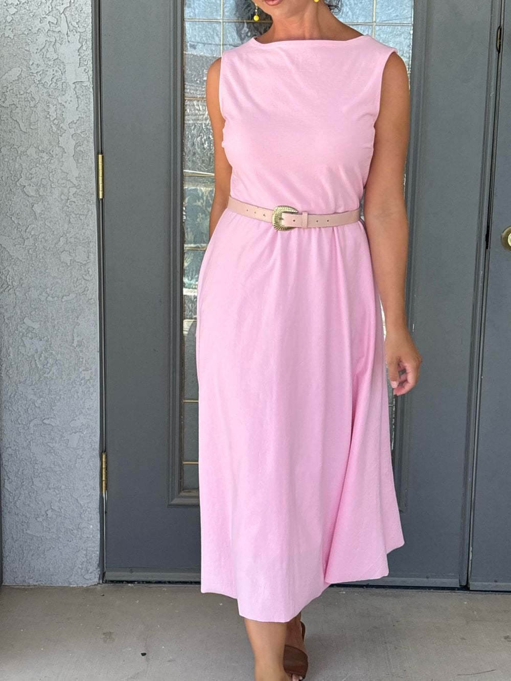 Pink Sleeveless A-line Midi Dress with Boat Neckline Pink Sleeveless A-line Midi Dress with Boat Neckline — Classy Necklines Dress
