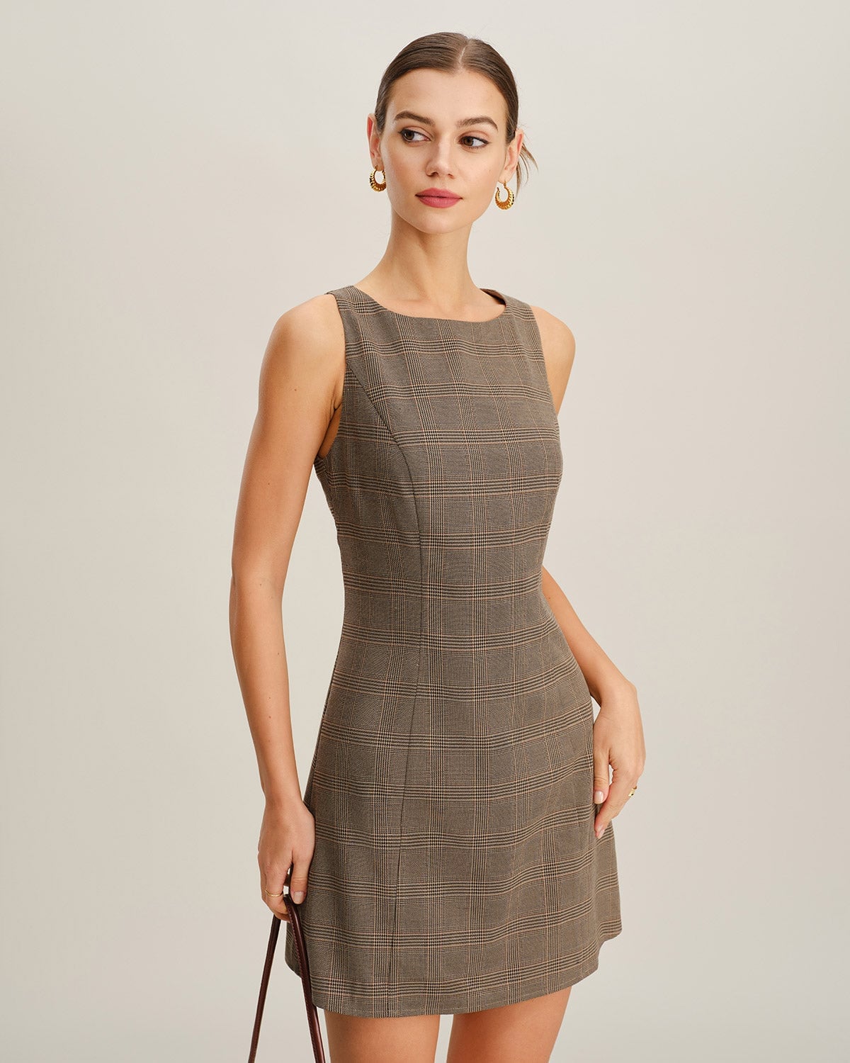 Brown and Beige Plaid Sheath Mini Dress Brown and Beige Plaid Sheath Mini Dress — Classy Necklines Dress