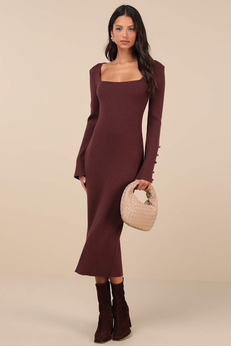 Brown Ribbed Knit Midi Sweater Dress with Square Neckline Brown Ribbed Knit Midi Sweater Dress with Square Neckline — Classy Necklines Dress