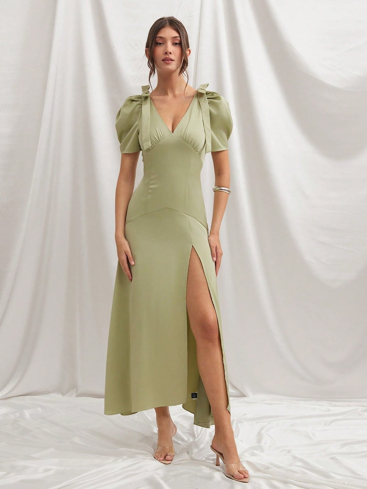 Chartreuse Satin Sheath Dress with Puffed Sleeves Chartreuse Satin Sheath Dress with Puffed Sleeves — Classy Necklines Dress