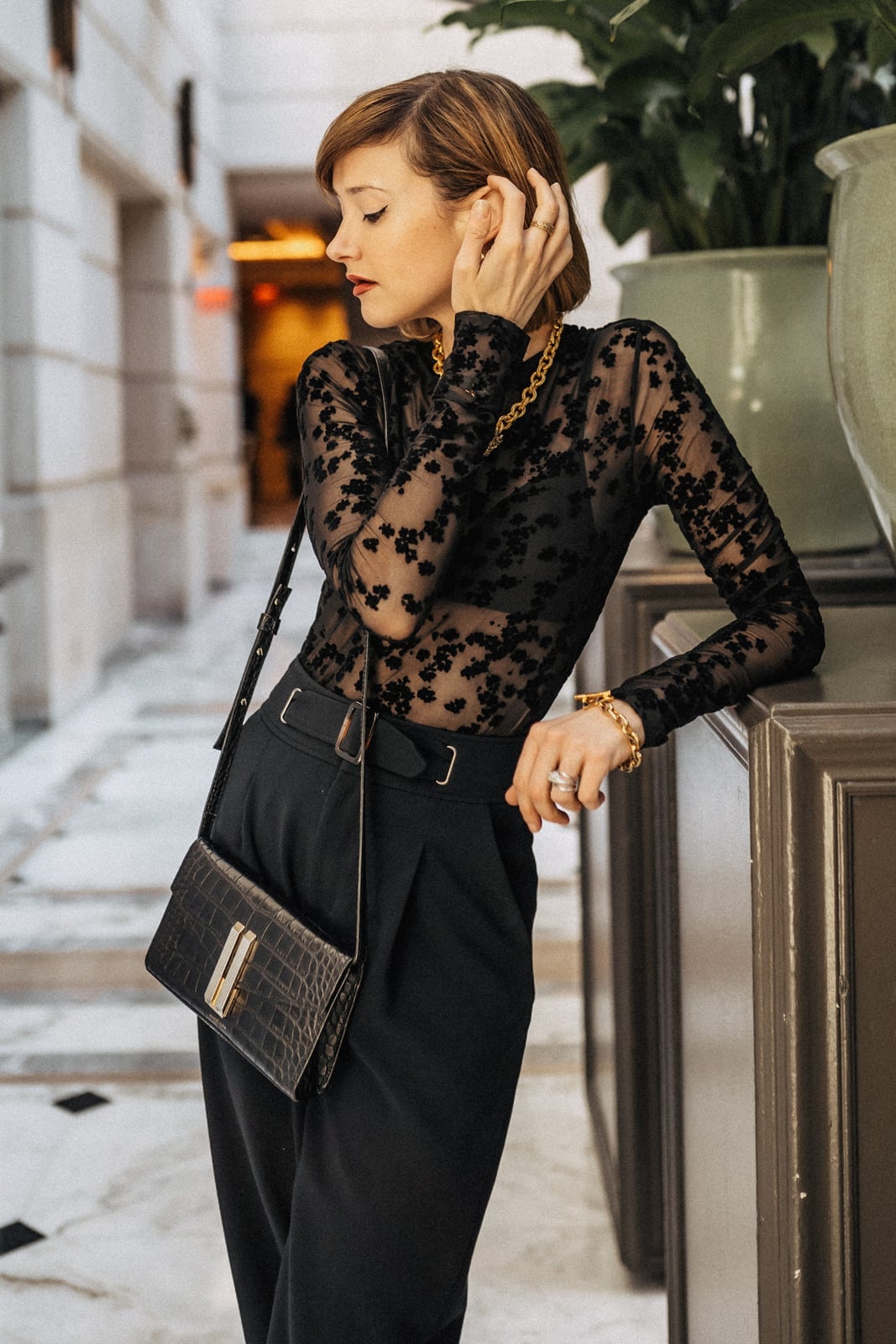 Sheer floral applique top with high-waisted trousers Sheer floral applique top with high-waisted trousers — Classy Night Outfits