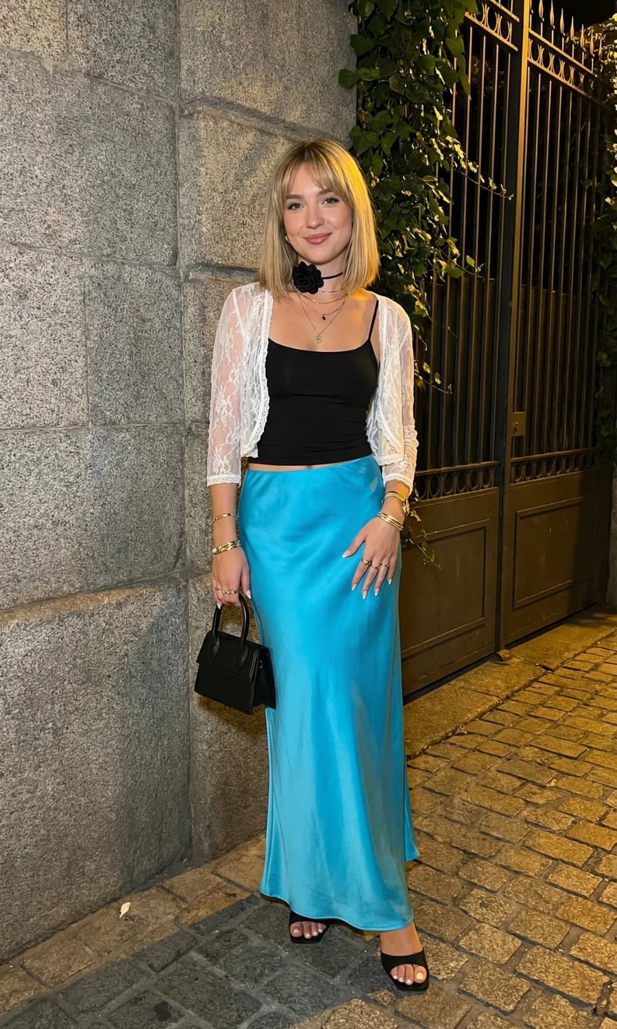 Bright blue satin A-line skirt with lace shrug Bright blue satin A-line skirt with lace shrug — Classy Night Outfits