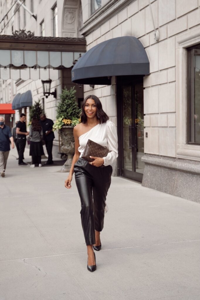 White one-shoulder top with black faux leather pants White one-shoulder top with black faux leather pants — Classy Night Outfits