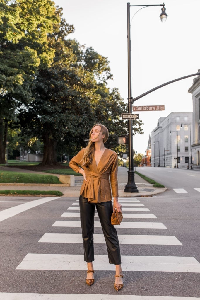 Brown long-sleeve wrap top with faux leather pants Brown long-sleeve wrap top with faux leather pants — Classy Night Outfits