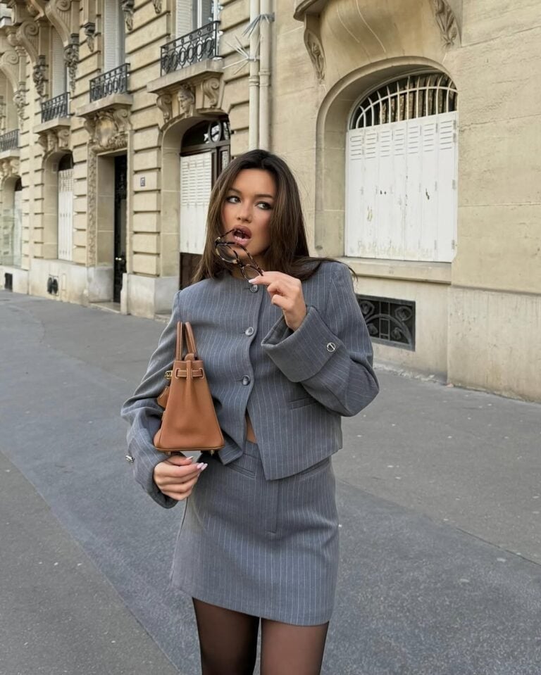 Gray pinstripe cropped jacket with matching skirt — Classy Office Siren Outfits