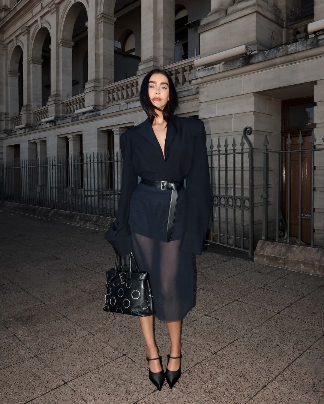 Oversized black blazer over sheer black dress — Classy Office Siren Outfits