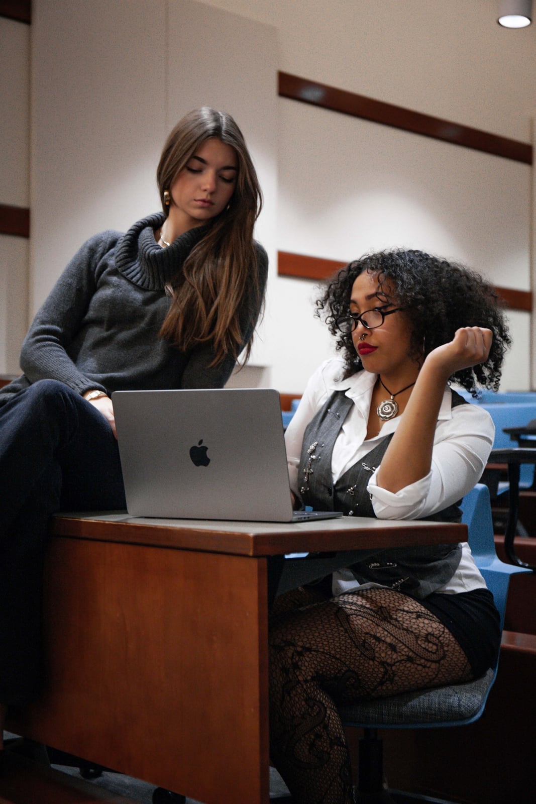Gray turtleneck over white shirt with dark vest and black skirt — Classy Office Siren Outfits