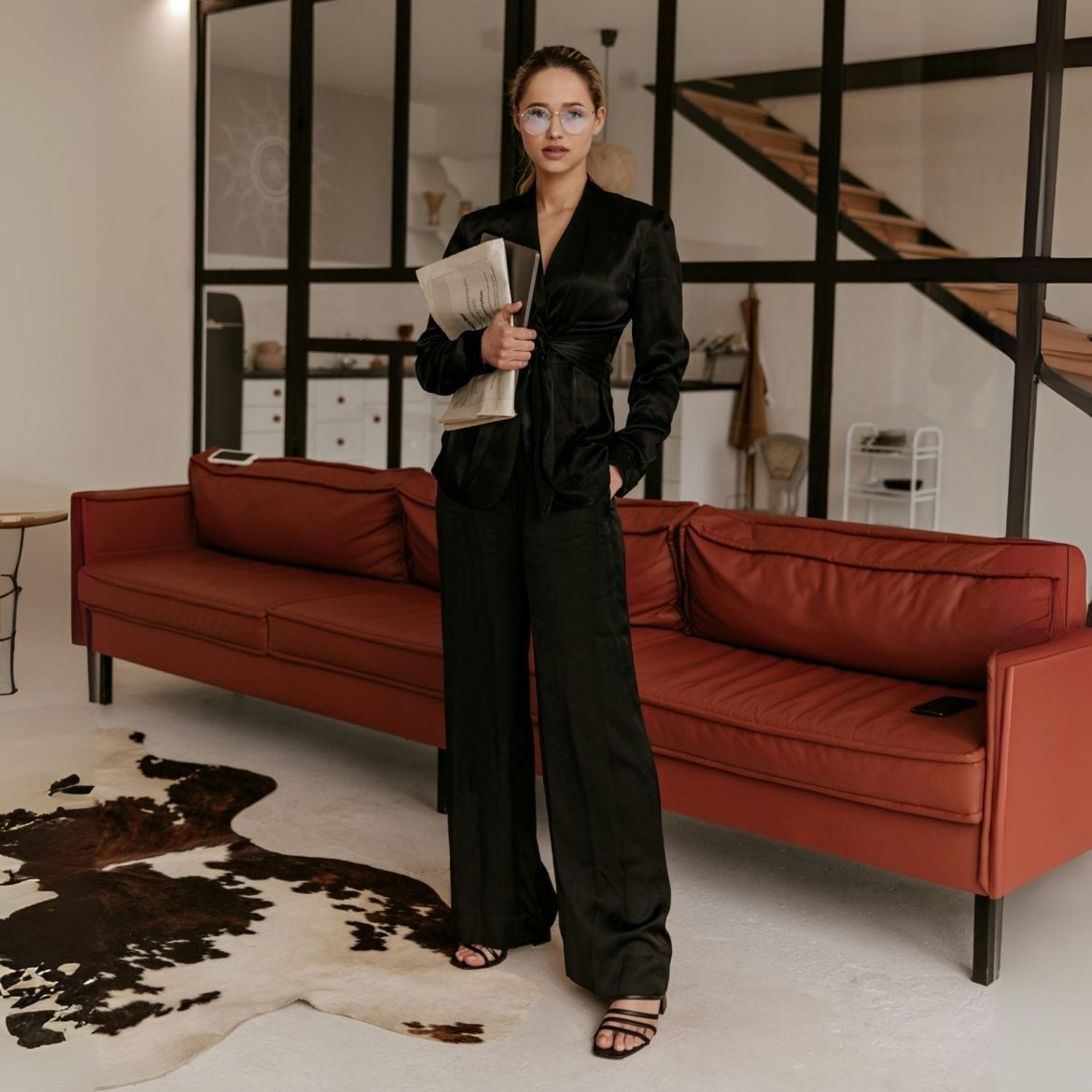 Black satin wrap top with matching wide-leg trousers — Classy Office Siren Outfits
