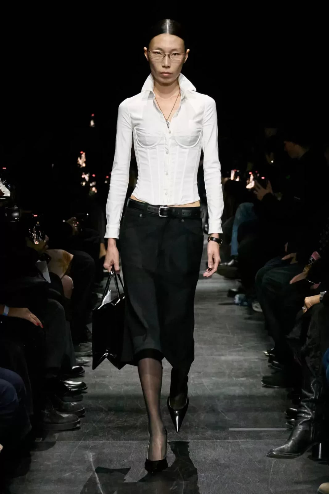 Fitted white collared shirt with corset detail and midi skirt — Classy Office Siren Outfits