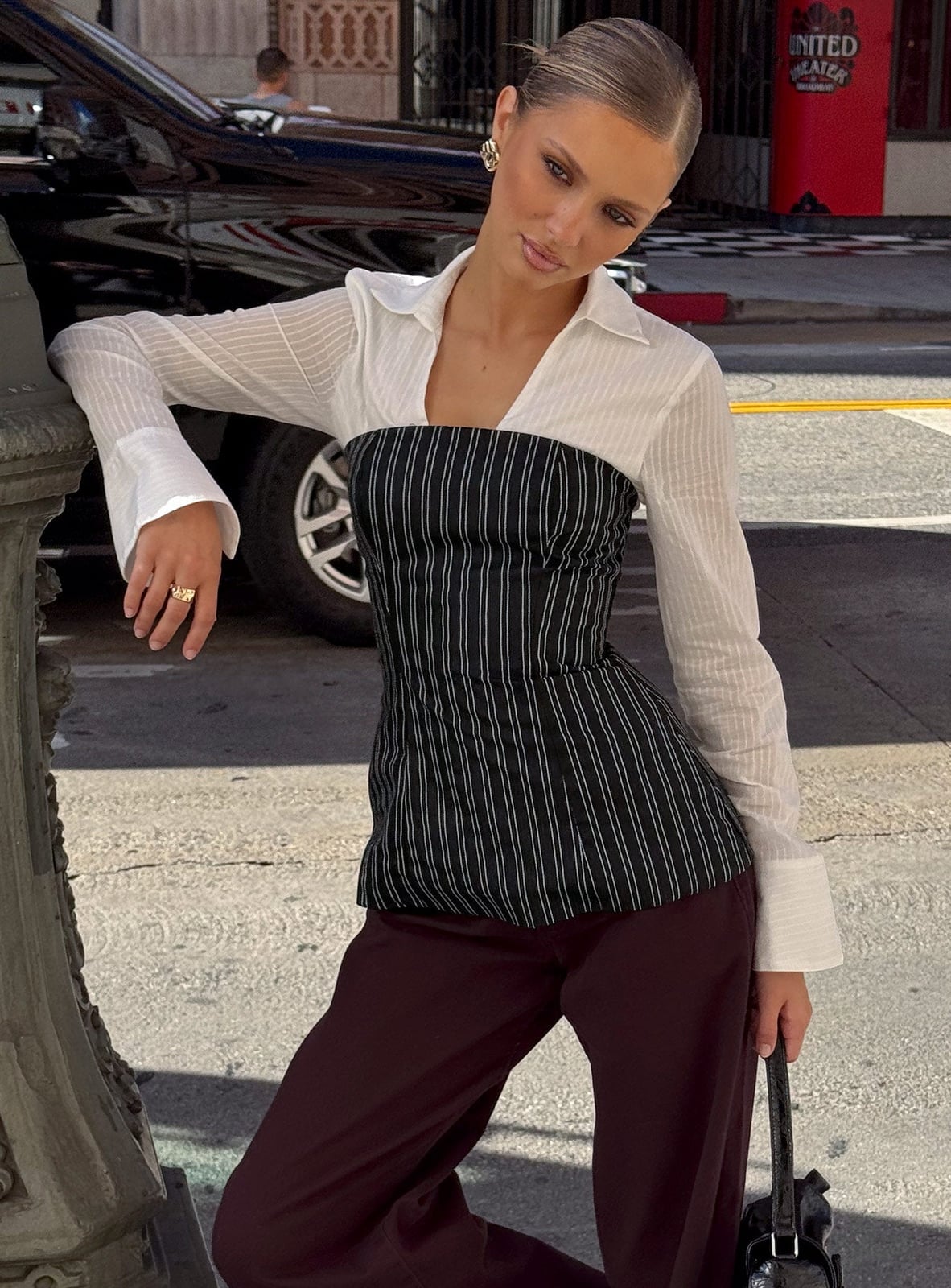 Pinstripe corset top over white shirt with burgundy trousers — Classy Office Siren Outfits