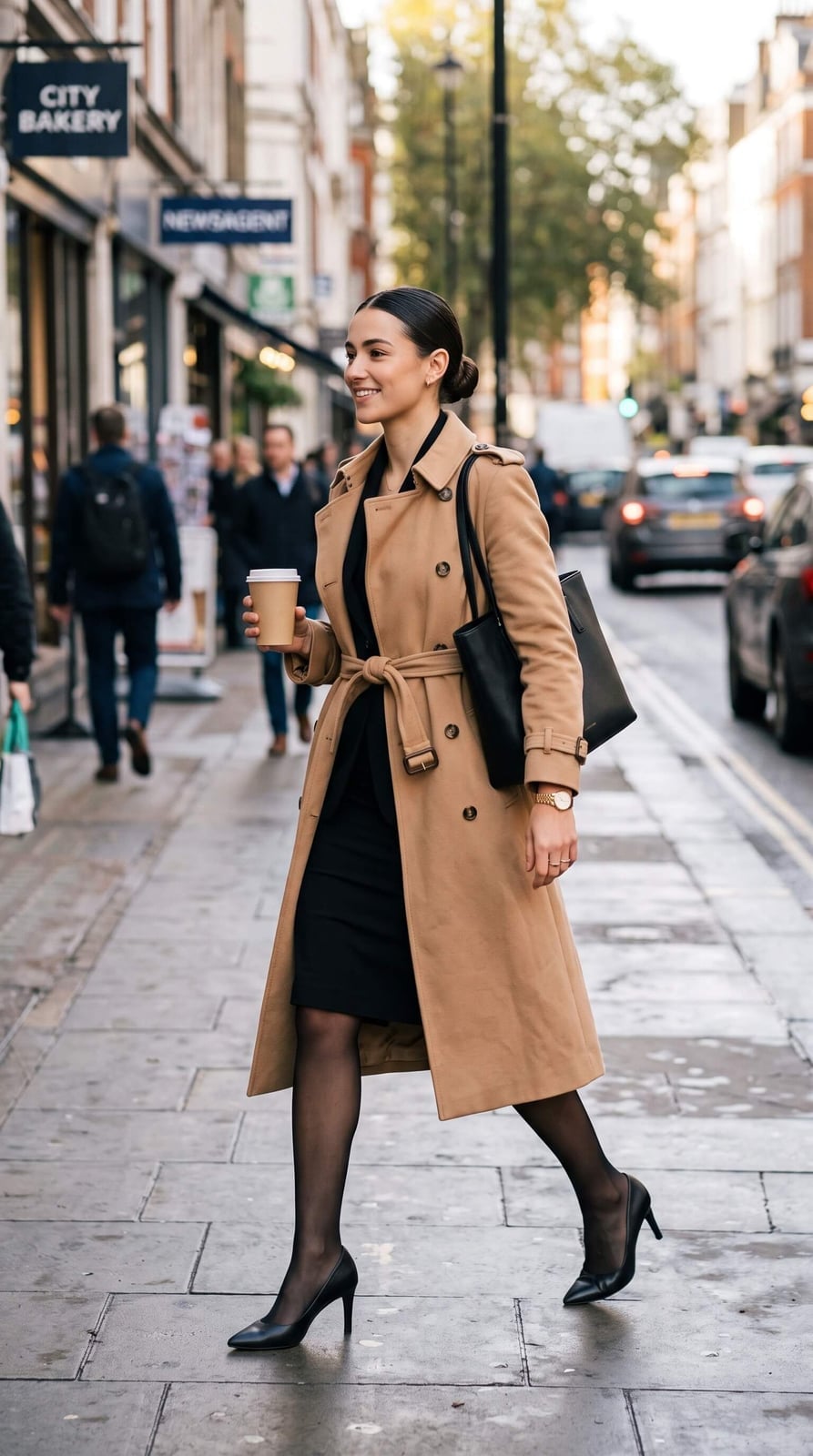 Black knee-length dress with camel trench coat — Classy Office Siren Outfits