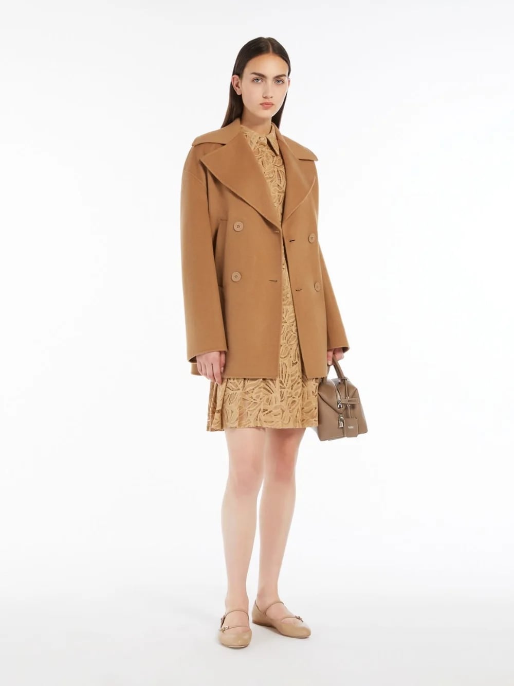 Camel Peacoat with Dress and Ballet Flats Camel Peacoat with Dress and Ballet Flats — Classy Peacoat Outfits